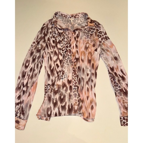 Guess Clouis Sheer Leopard Print Fitted Button Up Blouse M Animal Print Top - Picture 2 of 8